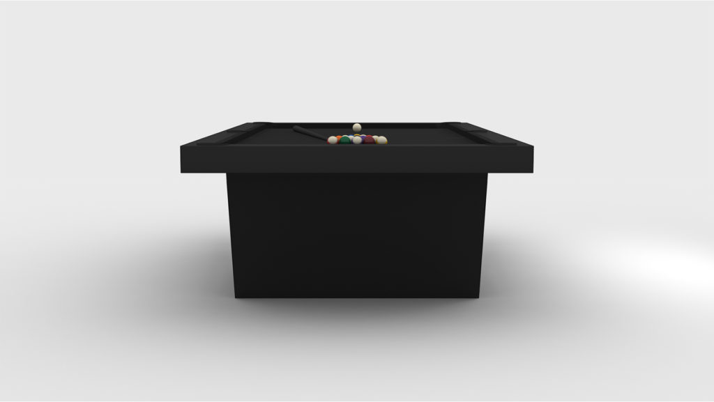 The Mesa Pool Table, with its minimalist black design, stands elegantly against a light gray background. Pool balls are arranged in a triangle with a cue on top, highlighting its sleek and modern appeal.
