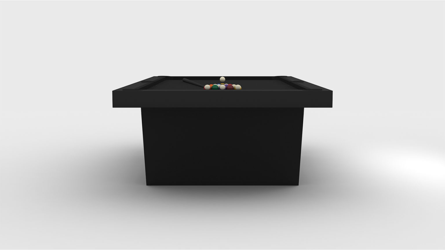The Mesa Pool Table, with its minimalist black design, stands elegantly against a light gray background. Pool balls are arranged in a triangle with a cue on top, highlighting its sleek and modern appeal.