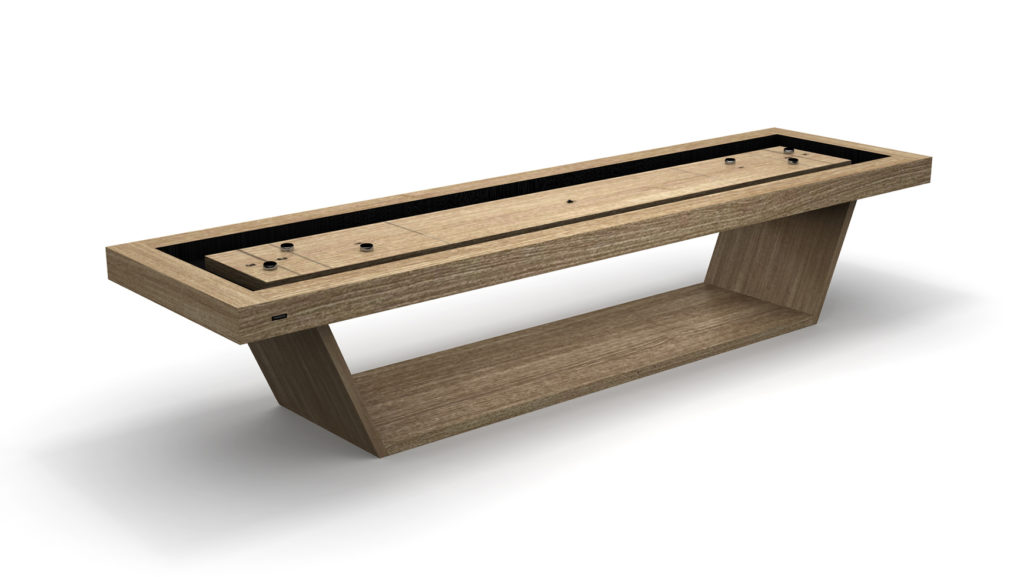 The Mesa Shuffleboard Table features a sleek, modern design with a wooden finish, rectangular playing surface, and triangular legs. It includes pucks and a backboard, perfectly blending style and functionality.