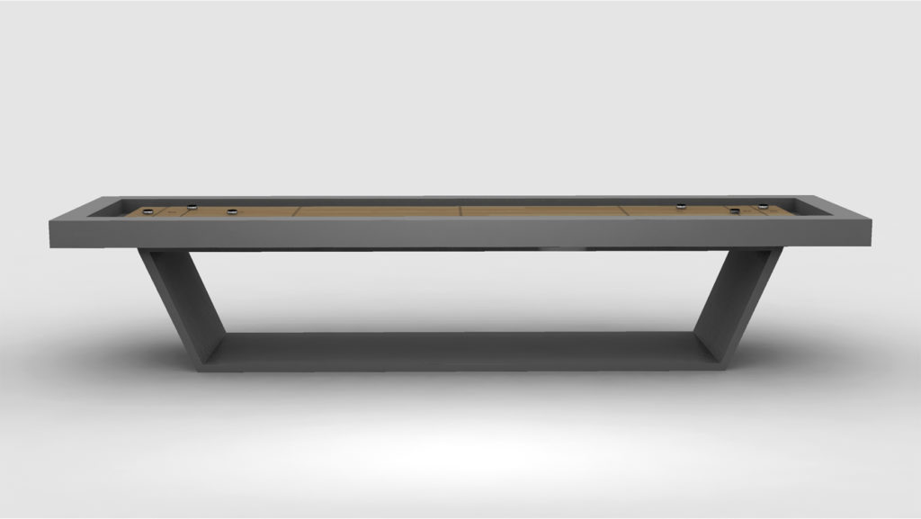 The Mesa Shuffleboard Table showcases a sleek, minimalist luxury design with a wooden playing surface and solid angular base in a refined gray finish against a plain white background.
