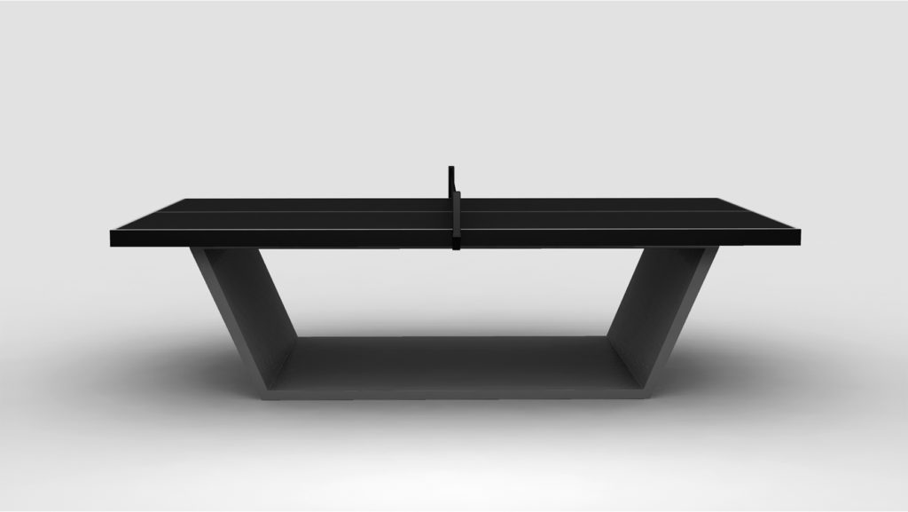 The Mesa Ping Pong Table, a luxurious minimalist design in black with a sleek look and center net, is elegantly set against a plain gray background.