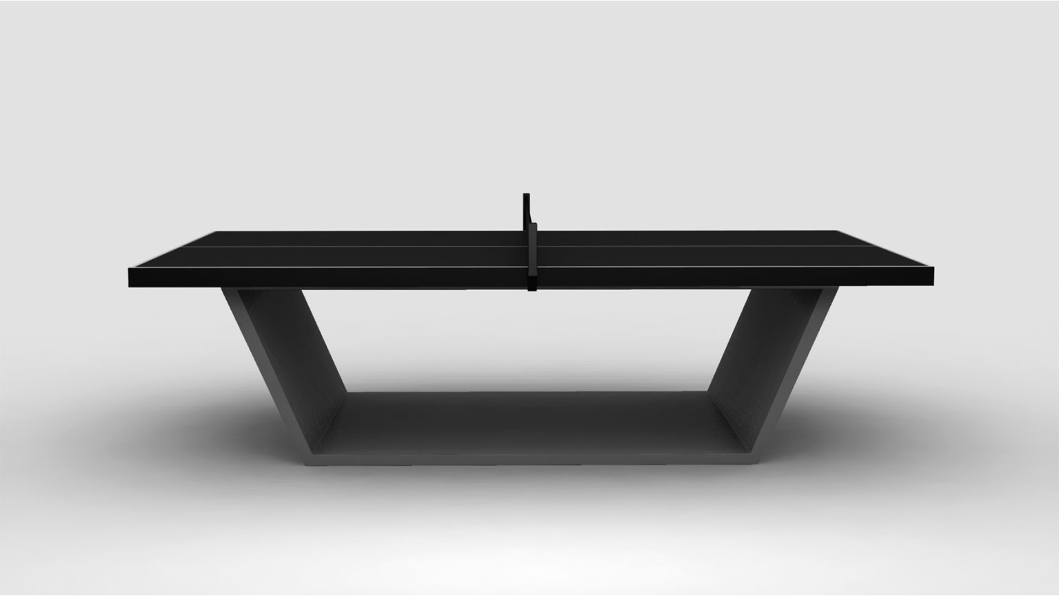 The Mesa Ping Pong Table, a luxurious minimalist design in black with a sleek look and center net, is elegantly set against a plain gray background.