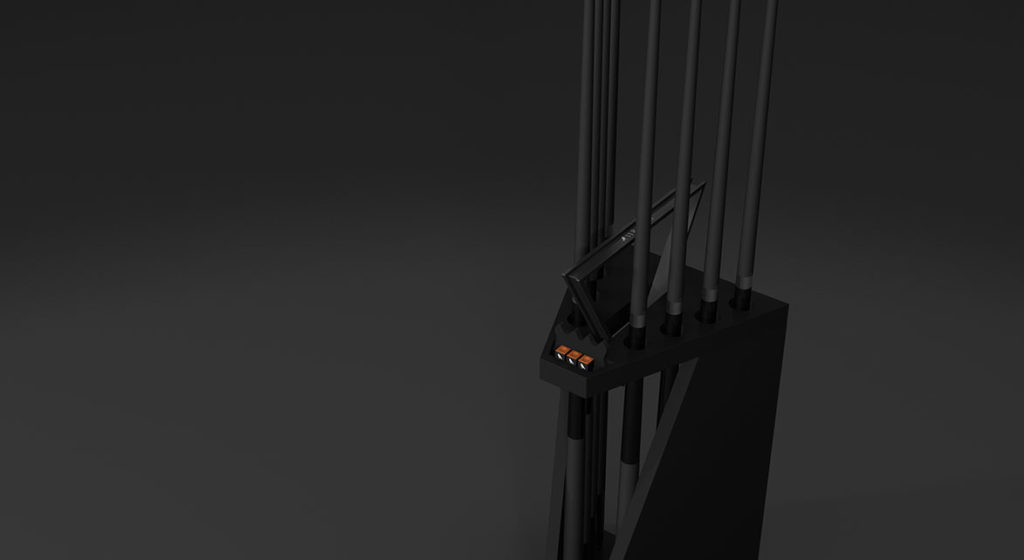 The Luxury Spartan Cue Rack is a modern, minimalist music stand with sleek black rods against a dark backdrop. It features a compact orange control panel at the base and is ready for quick shipping to enhance any space.