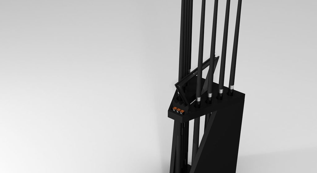 The Spartan Cue Rack - Quick Ship is a sleek, modern black sculpture with vertical rods and an angled base, featuring a small button panel. Perfect for elevating decor against light surfaces, it promises fast shipping for those eager to upgrade their space.