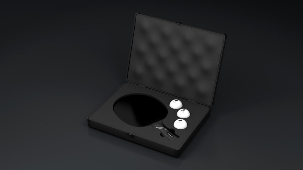 The Ping Pong Case in black displays a table tennis set with a paddle, three white balls, and a small accessory, all neatly organized in custom foam compartments within an open, stylish case.
