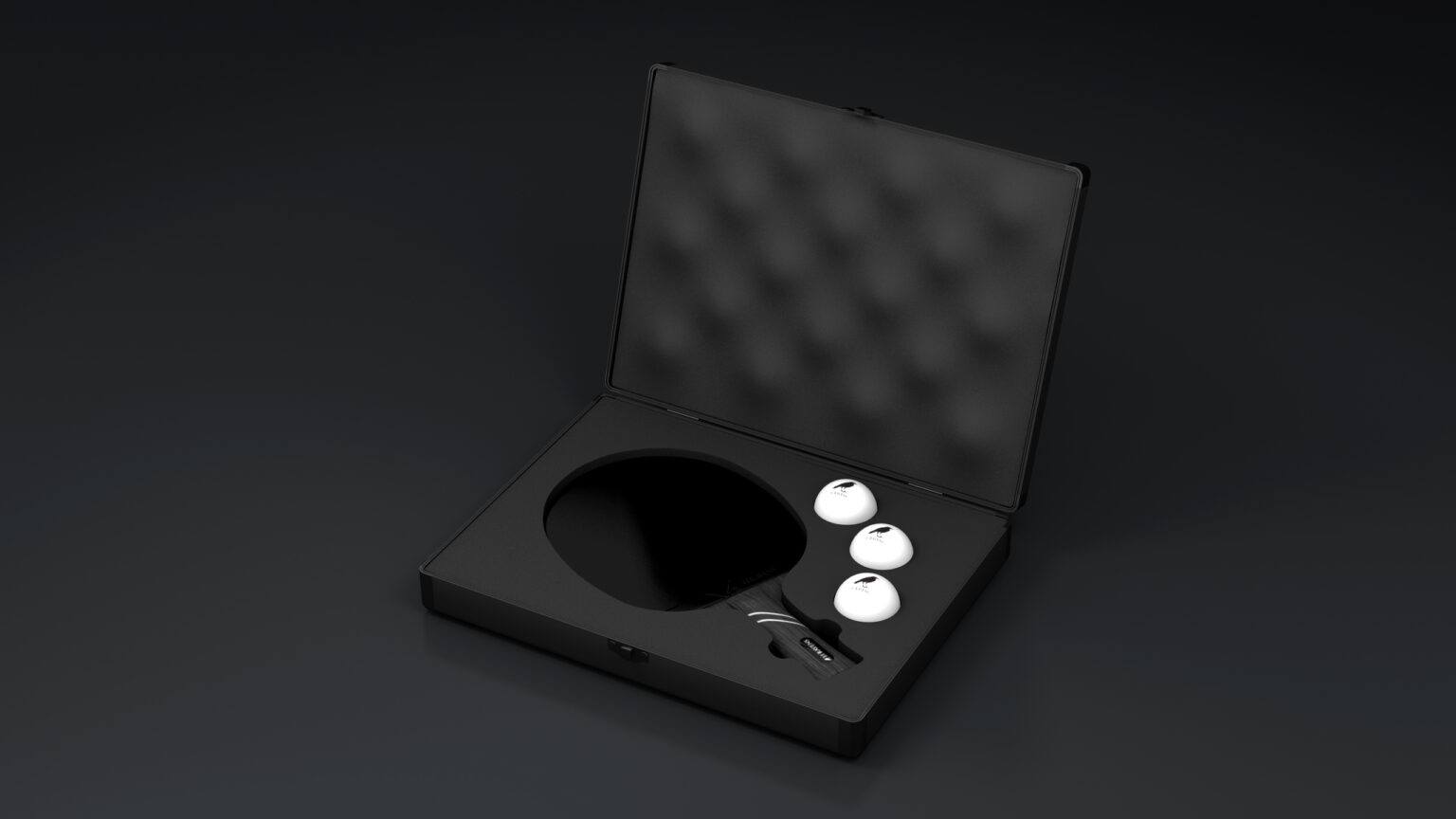 The Ping Pong Case in black displays a table tennis set with a paddle, three white balls, and a small accessory, all neatly organized in custom foam compartments within an open, stylish case.
