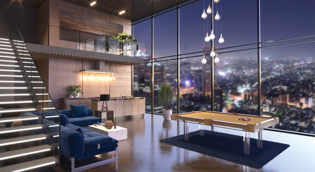 Luxurious modern penthouse interior with floor-to-ceiling windows showcasing a night city skyline, featuring the Malibu Lucite Pool Table, plush blue sofa, illuminated stairs, and pendant lights. A bar and plants in a small loft area above are highlighted by Malibu-inspired decor.