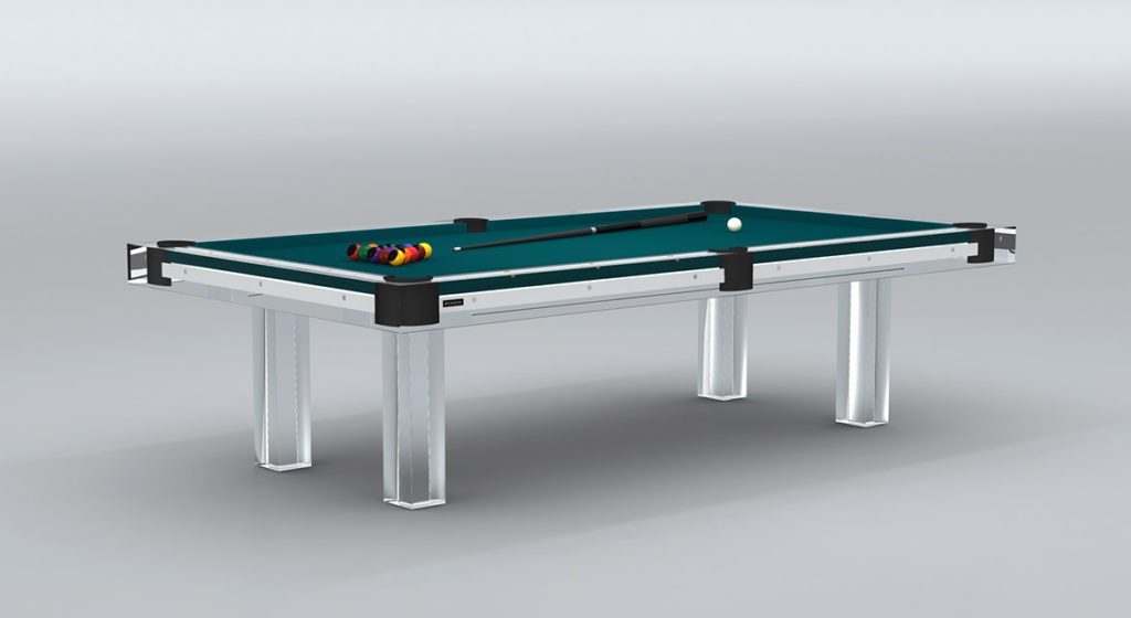 The Malibu Lucite Pool Table, featuring a teal surface and sleek metallic legs, stands against a plain backdrop with a cue stick, cue ball, and colored billiard balls arranged on this chic luxury piece.
