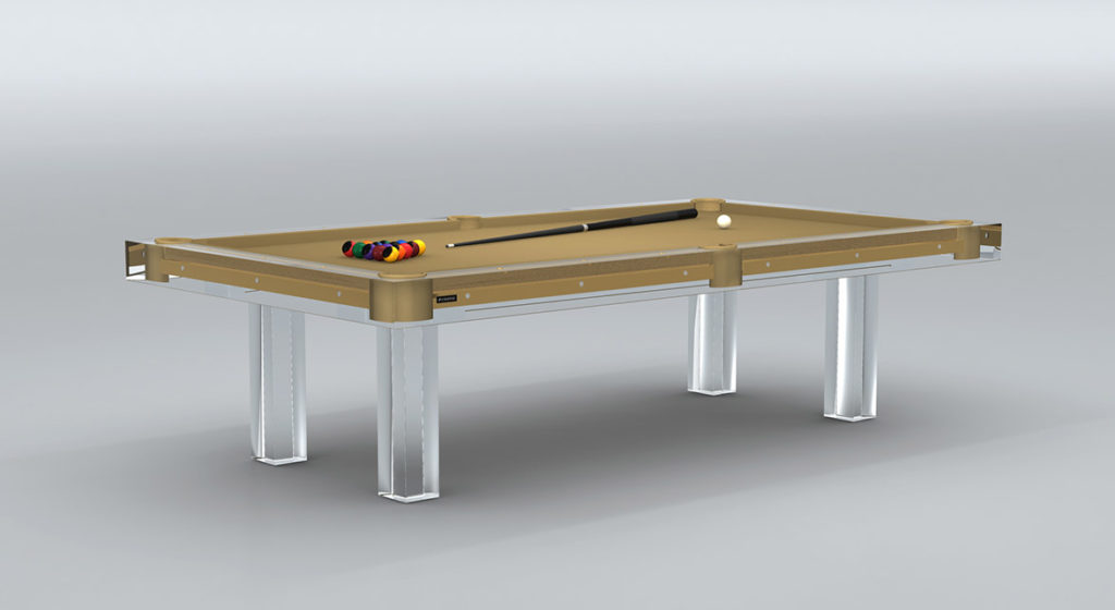 The Malibu Lucite Pool Table is a luxurious piece with a beige felt surface and sleek metallic frame, complete with a cue stick, triangle rack, billiard balls, and cue ball on top. This modern masterpiece features four transparent Lucite legs.