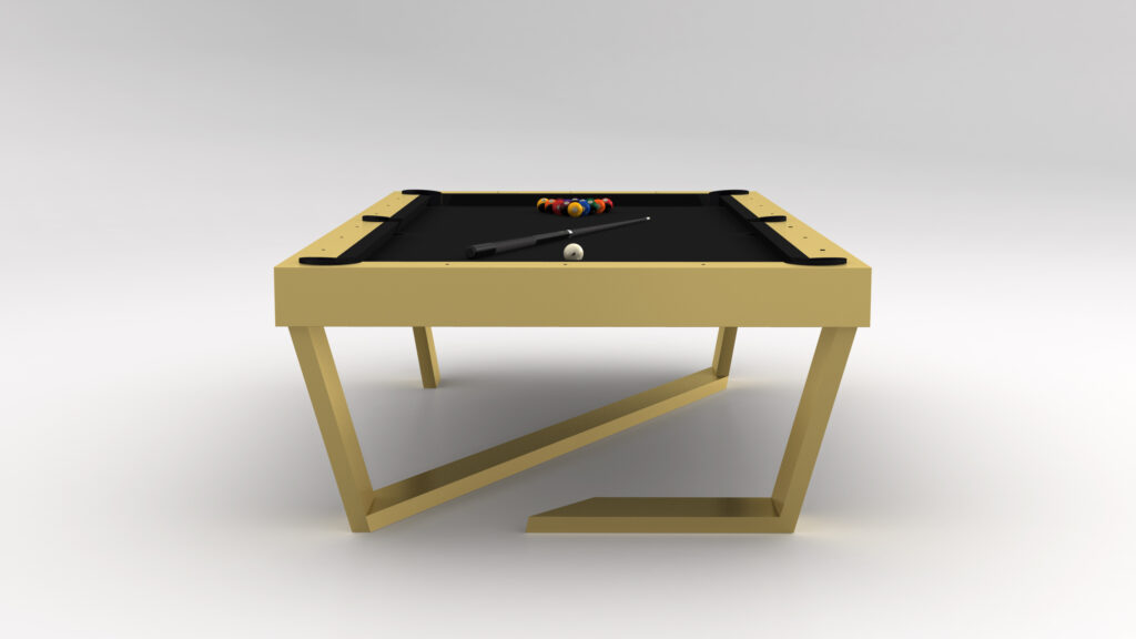 The Secavi Ping Pong Table is a luxury game table featuring a sleek golden frame and a black playing surface. Its angular, contemporary design embodies sophistication, while the billiard balls are arranged in a triangle with the cue stick and cue ball nearby.