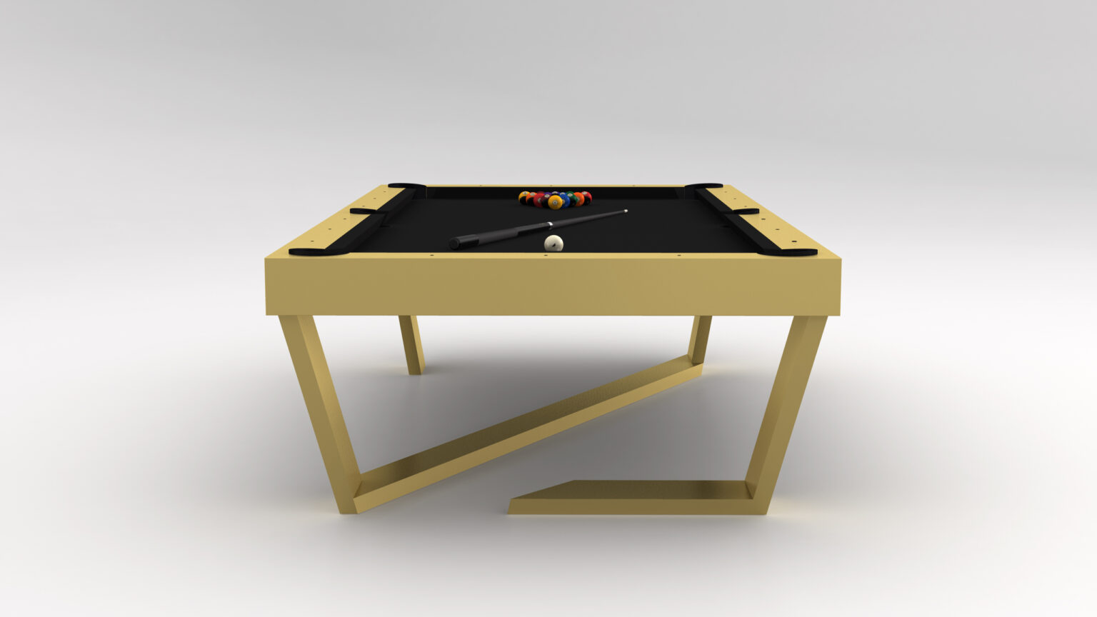 The Secavi Ping Pong Table is a luxury game table featuring a sleek golden frame and a black playing surface. Its angular, contemporary design embodies sophistication, while the billiard balls are arranged in a triangle with the cue stick and cue ball nearby.