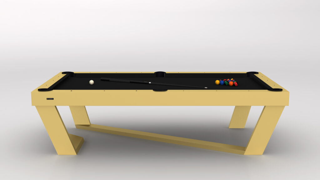 The Secavi Ping Pong Table boasts a modern design with a sleek yellow finish. This luxury game table includes a black surface, cue stick, white cue ball, and a triangle of colorful balls arranged at one end.