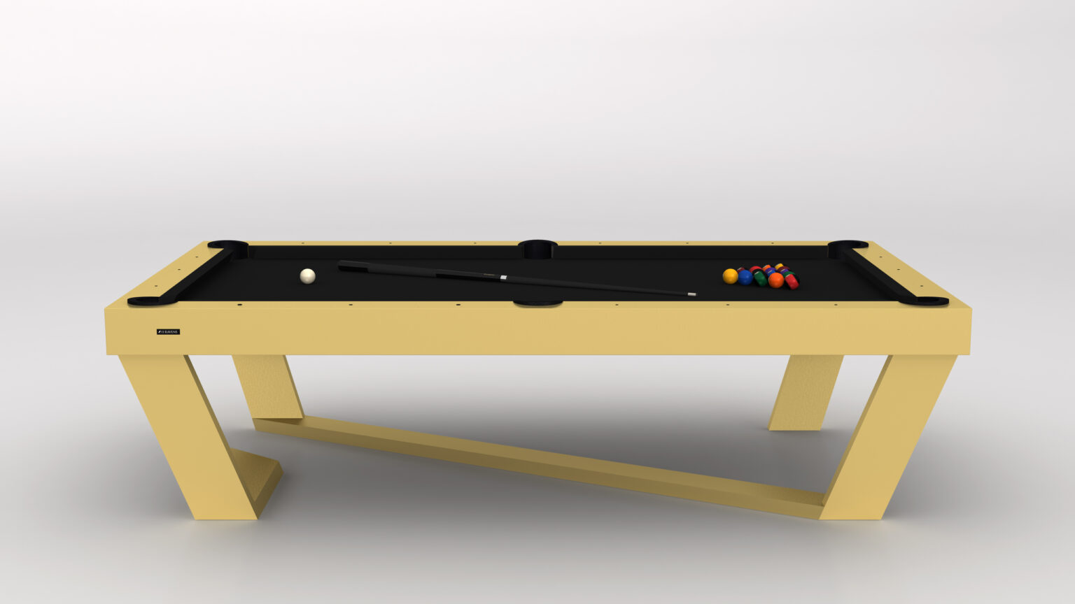 The Secavi Ping Pong Table boasts a modern design with a sleek yellow finish. This luxury game table includes a black surface, cue stick, white cue ball, and a triangle of colorful balls arranged at one end.