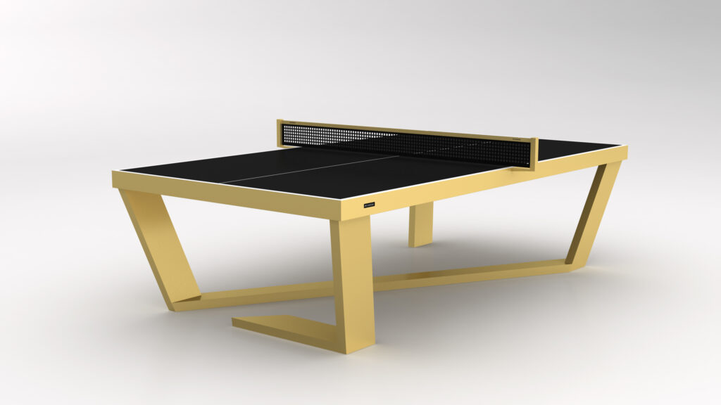 The Secavi Ping Pong Table exudes luxury with its modern design, featuring a sleek black playing surface and a distinctively angular golden frame set against a simple white background.