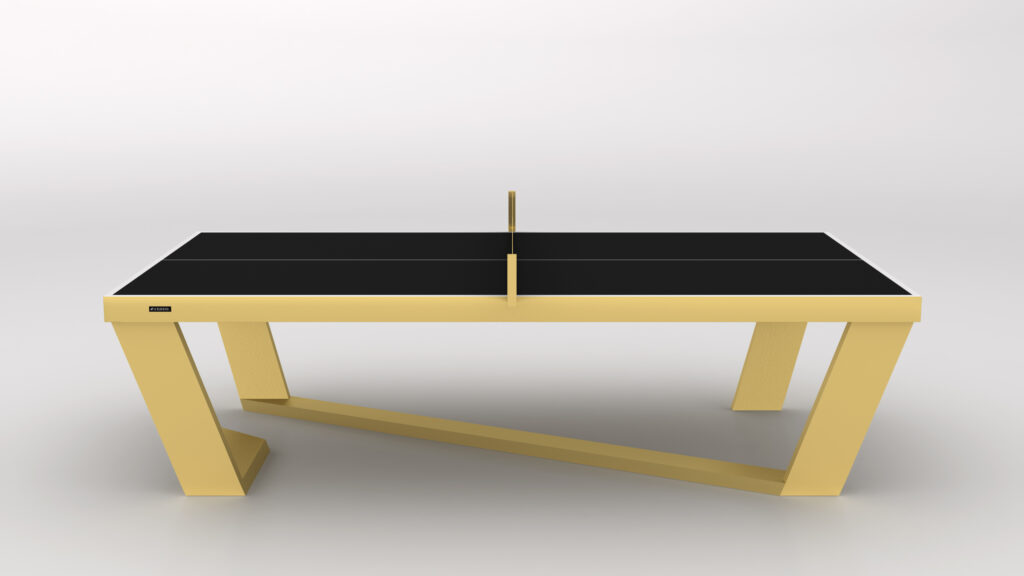 The Secavi Ping Pong Table is a modern, minimalist luxury piece with a sleek black surface and angular golden frame on a plain white background. Featuring a central net and geometric design, it redefines elegance in recreational sports.