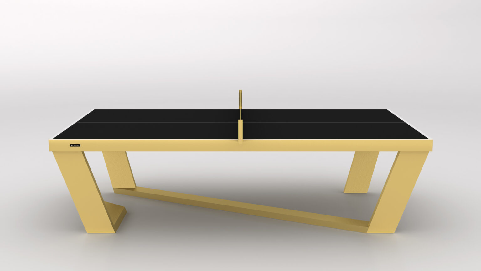 The Secavi Ping Pong Table is a modern, minimalist luxury piece with a sleek black surface and angular golden frame on a plain white background. Featuring a central net and geometric design, it redefines elegance in recreational sports.
