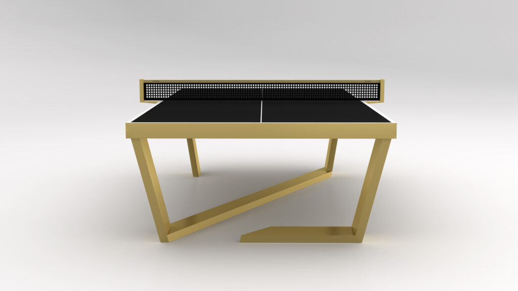 The Secavi Ping Pong Table is a luxury game table with gold angular legs and a black top. Its minimalist design includes a simple net, set against a plain white background.