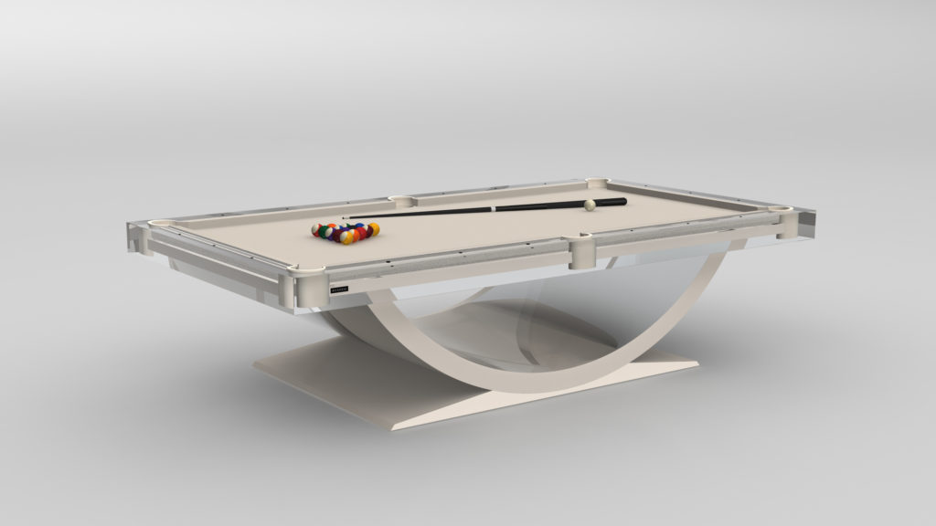 The Theseus Lucite Pool Table, with its modern white design and sleek curved base, epitomizes luxury. A set of colorful billiard balls is neatly arranged in a triangle, while a black cue stick rests elegantly on the gray playing surface.