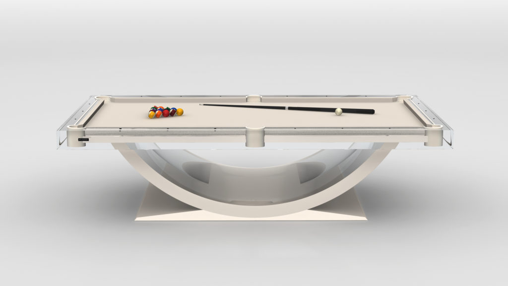 The Theseus Lucite Pool Table showcases a modern, minimalist luxury with its sleek white base and curved design. It features a white felt surface adorned with a neatly arranged triangle of billiard balls and a cue stick resting on top.