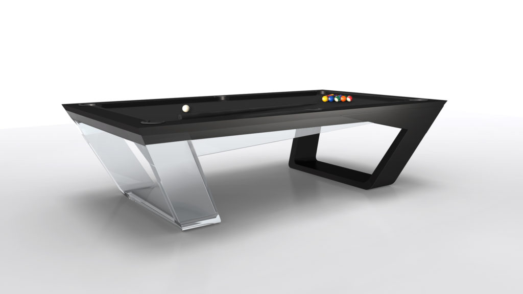 The Avettore Lucite Pool Table features a modern black surface and unique angled, transparent legs. Billiard balls are arranged in a triangle with the cue ball, all set against a plain white backdrop, embodying luxury game table styling.