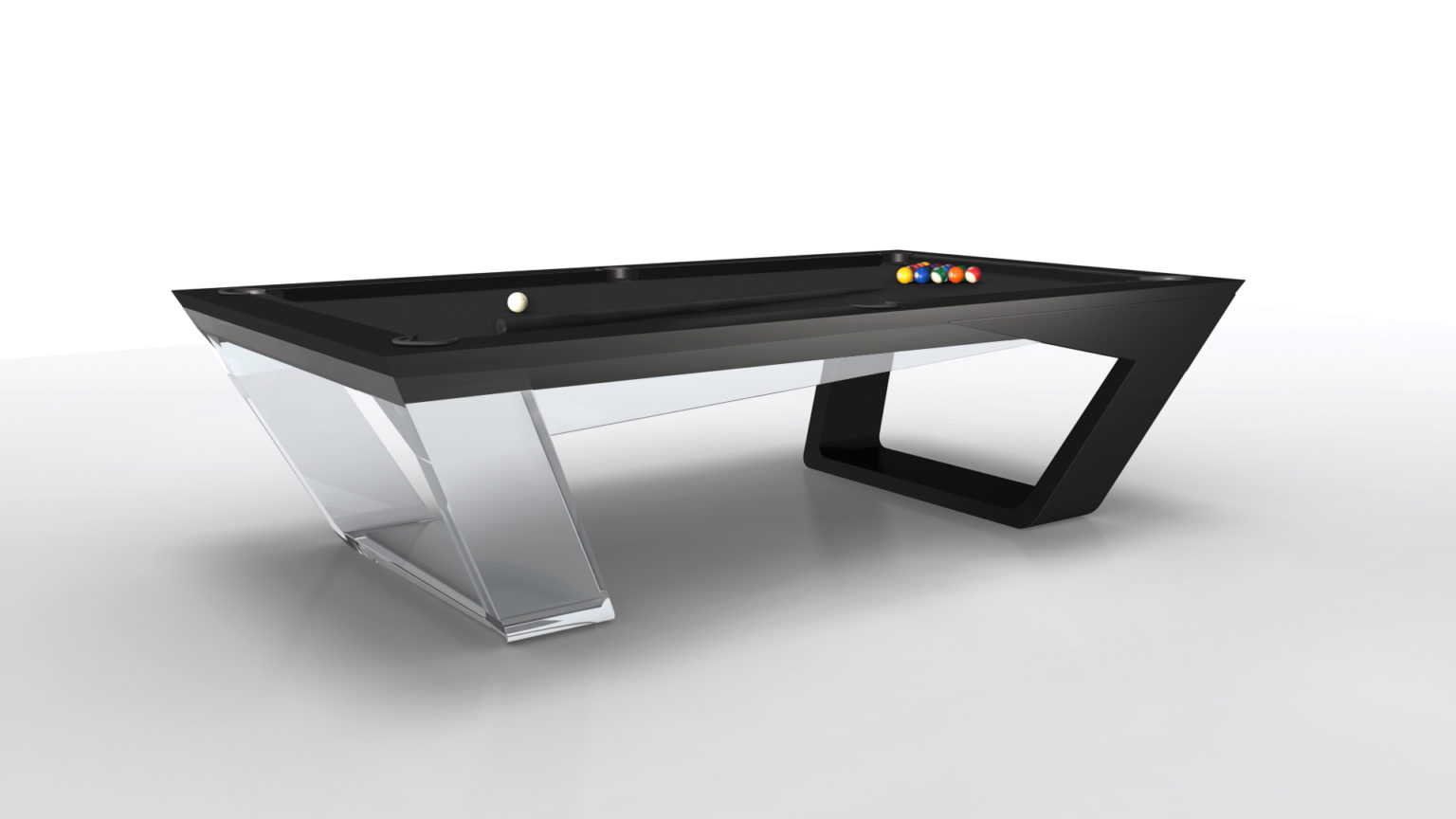 The Avettore Lucite Pool Table features a modern black surface and unique angled, transparent legs. Billiard balls are arranged in a triangle with the cue ball, all set against a plain white backdrop, embodying luxury game table styling.