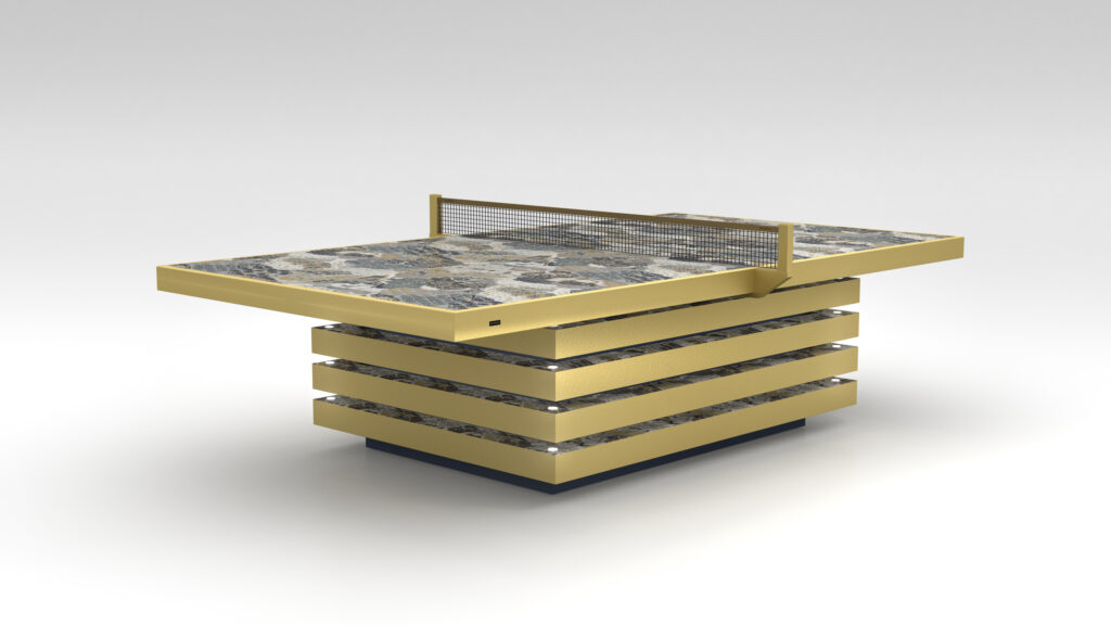 The Arclight Printed Table is a luxury game piece featuring a modern gold and black geometric base with a mosaic-inspired playing surface, all designed in a minimalist style.