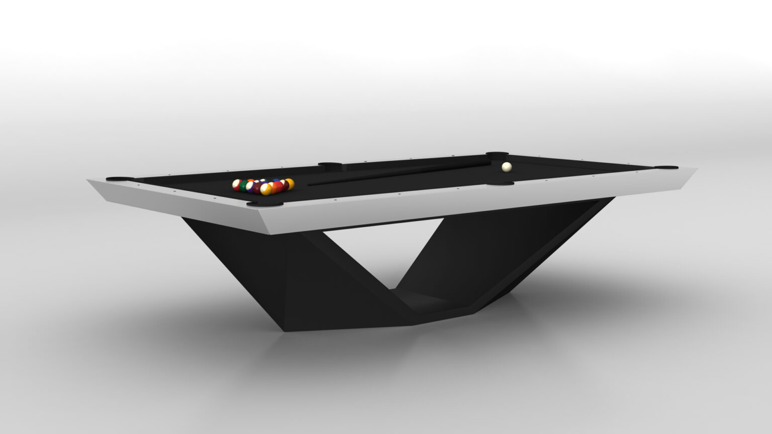 Experience modern luxury with the Stealth Pool Table—this black and white table features a striking triangular base. Arrange billiard balls in a classic triangle, while the cue ball sits ready on its sleek black surface.
