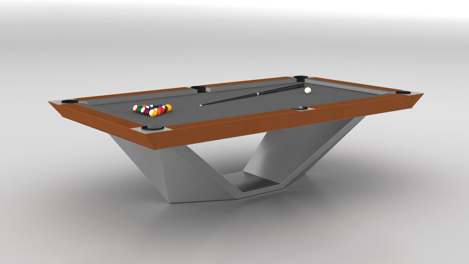 Experience luxury with the Stealth Pool Table, featuring a sleek geometric design, a wooden border, and a metallic angular base. Its grey felt surface elegantly displays balls in perfect triangle formation alongside two cues.