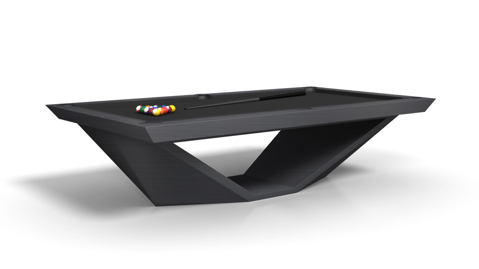 Discover the epitome of luxury with the Stealth Pool Table, boasting a sleek black design and unique triangular support. Enjoy perfectly arranged pool balls in a triangle, alongside a parallel cue stick on this modern masterpiece.