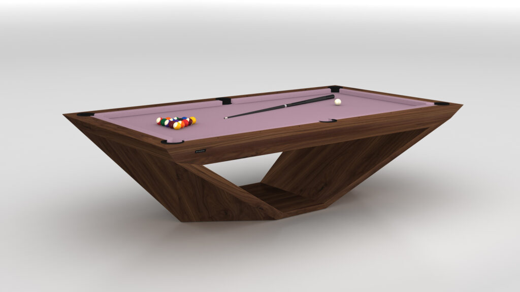The Stealth Pool Table is a modern luxury game table featuring a unique wooden angular base, light purple felt, and comes with a cue stick and racked triangle of balls, all set against a plain white background.