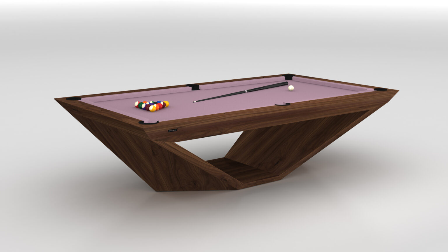 The Stealth Pool Table is a modern luxury game table featuring a unique wooden angular base, light purple felt, and comes with a cue stick and racked triangle of balls, all set against a plain white background.