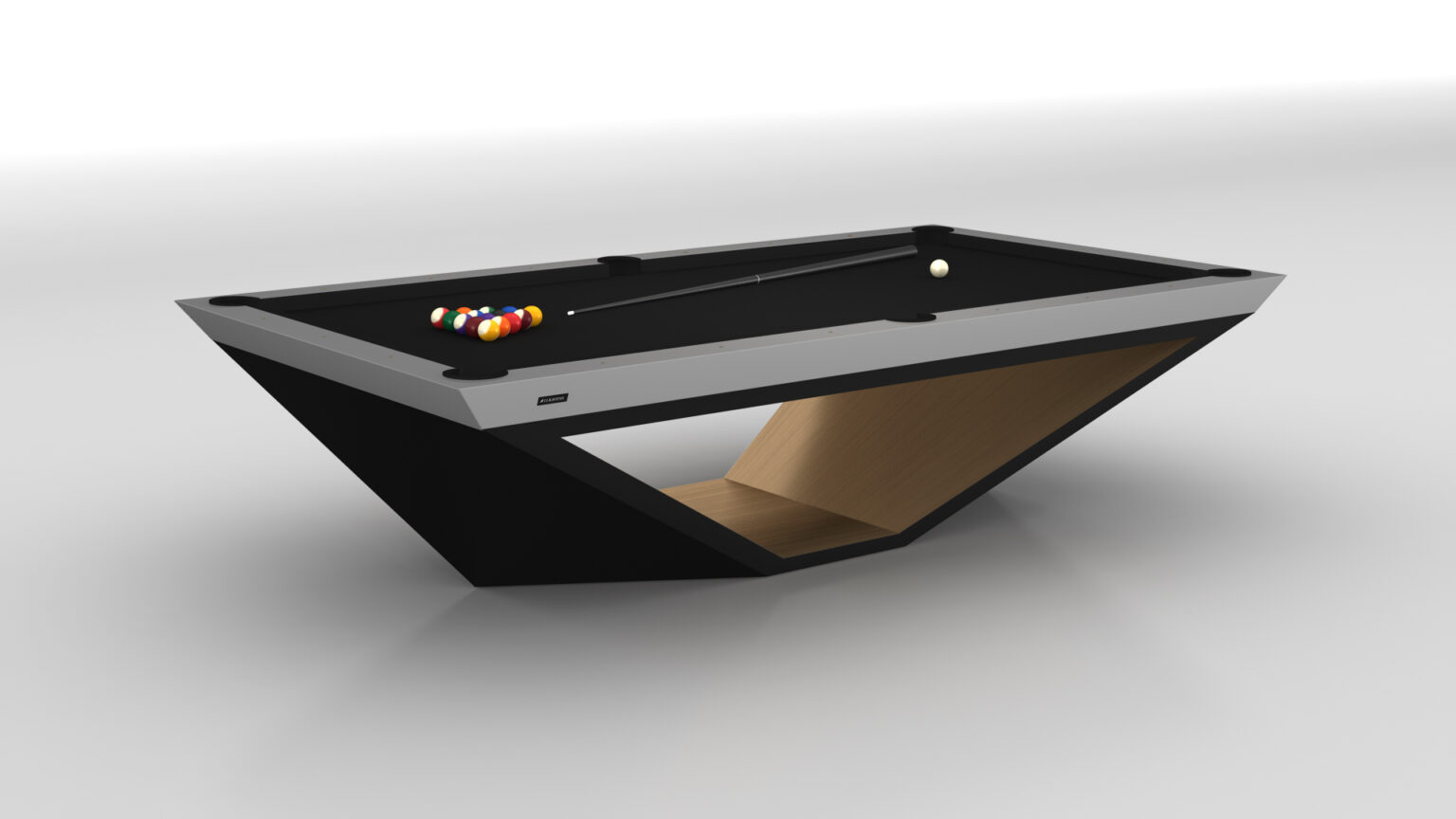 The Stealth Pool Table boasts a modern, unique design with a sleek black and wooden finish, epitomizing luxury. Its triangular wooden base beautifully complements the pool balls displayed on its minimalist surface.