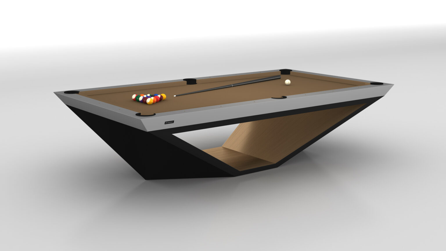 The Stealth Pool Table embodies luxury with its modern wooden frame and black accents. It includes a cue stick and vibrant billiard balls placed at one end, all set against a minimalist monochrome backdrop.