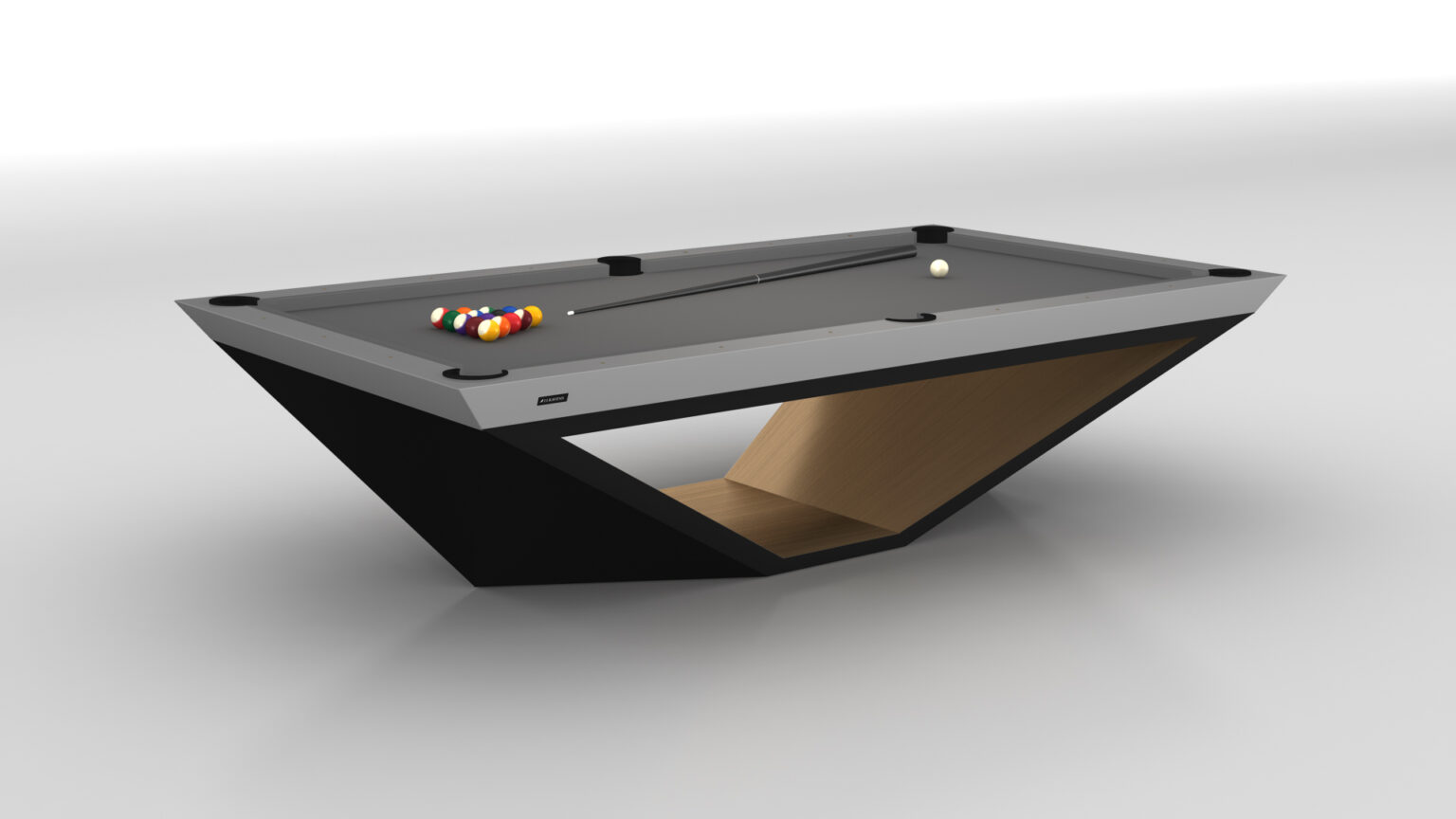 The Stealth Pool Table is a luxury design with a sleek black and wood finish, featuring a triangular support. A gray tabletop displays billiard balls and a cue stick, set against a plain white background, highlighting its elegance in the world of luxury game tables.
