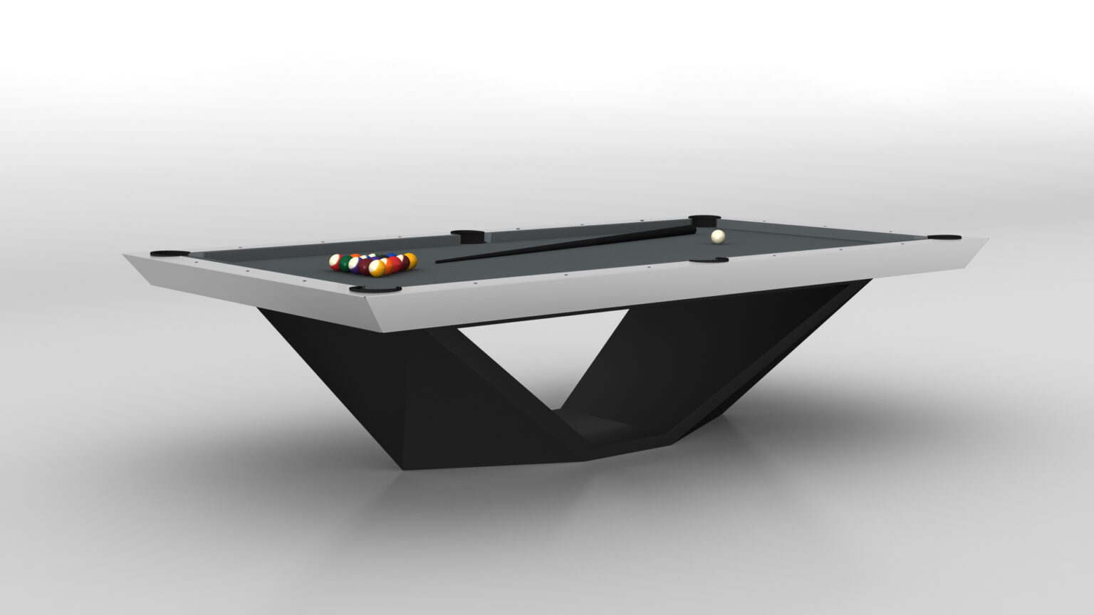 The Stealth Pool Table, with its modern black and white angular design, embodies the elegance of luxury game tables. Several pool balls, including a white cue ball, rest on its surface against a minimalistic background.