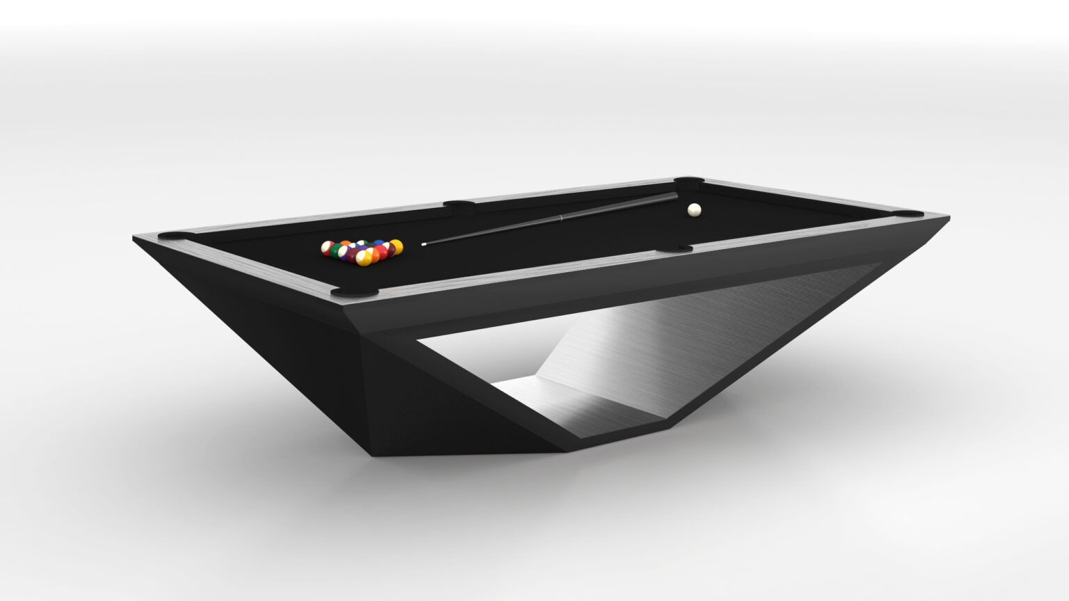 The Stealth Pool Table epitomizes luxury with its modern design, black finish, and sleek geometric look. It features a triangular base, billiard balls on one side, and a cue stick elegantly placed against a crisp white background, creating a minimalistic setting.