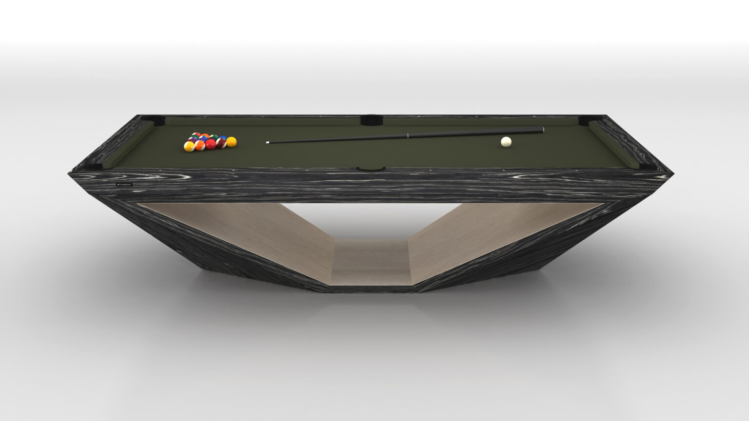 The Stealth Pool Table is a luxury game table featuring a modern geometric frame with an open triangular base. Its green felt surface showcases a colorful arrangement of billiard balls, a cue stick, and the classic white cue ball.