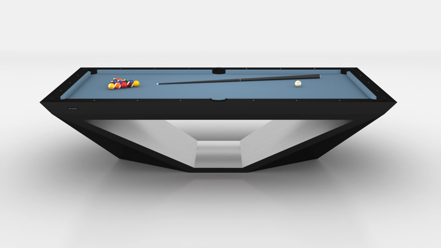 The Stealth Pool Table, a modern black design with a sleek angular base, epitomizes luxury. Set on a white background, it boasts a blue playing surface featuring a cue stick, cue ball, and triangle of colored balls.