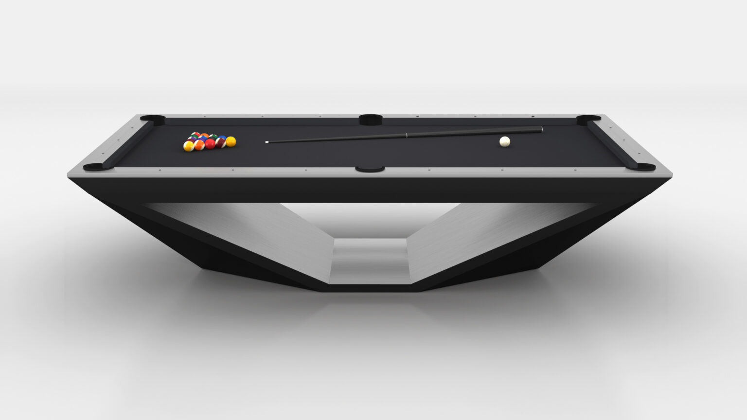 The Stealth Pool Table, featuring a sleek black finish and a unique geometric base, exemplifies luxury with a cue stick, white cue ball, and vibrant billiard balls in a triangle. Its contemporary design is highlighted against a plain white background.