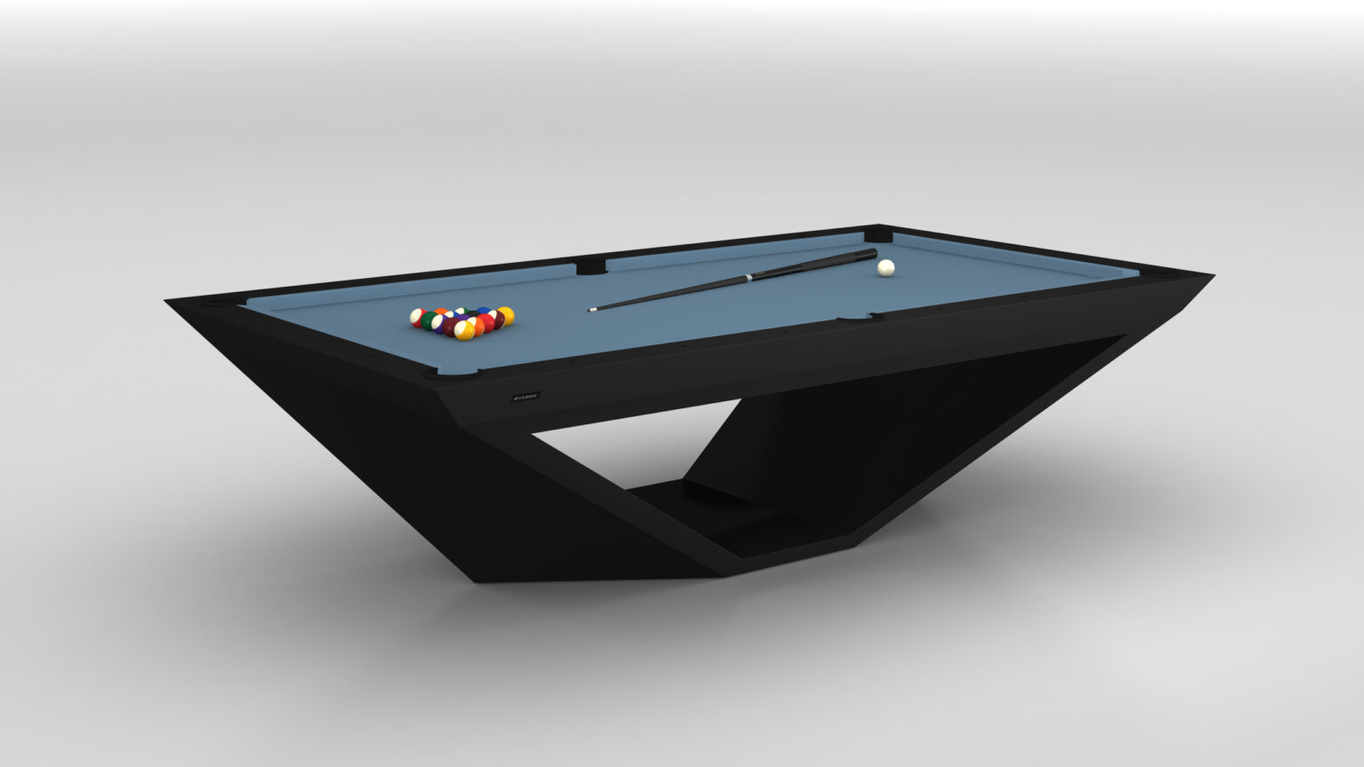 The Stealth Pool Table, a modern black triangular billiard table, epitomizes luxury with its sleek design. Featuring a blue playing surface with a cue stick, white cue ball, and colorful racked balls, this exquisite piece rests on a unique angled base.