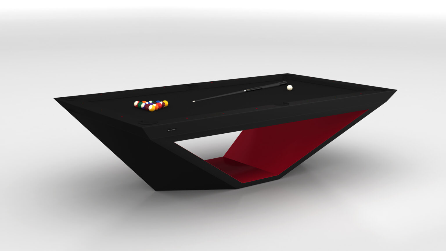 The Stealth Pool Table, a luxury billiards table with a sleek black and red design, features a unique geometric base. A pool cue, white cue ball, and racked balls are elegantly arranged on this exquisite game table.