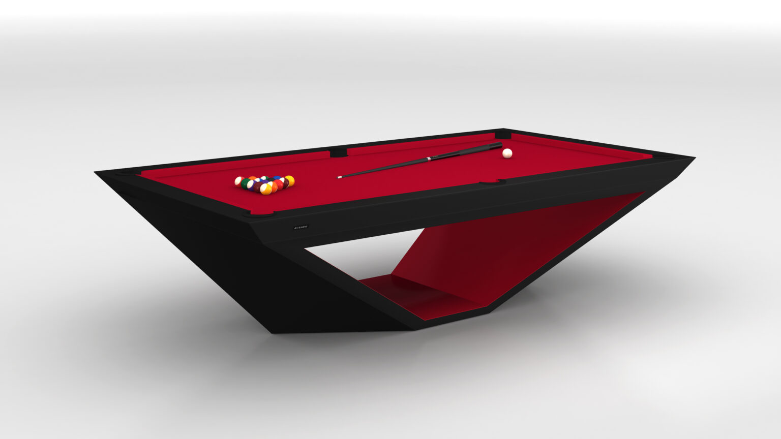 The Stealth Pool Table showcases a modern angular design with a red playing surface and sleek black geometric base. Pool balls, along with a cue stick, are arranged artfully on the table, set against a plain white background.