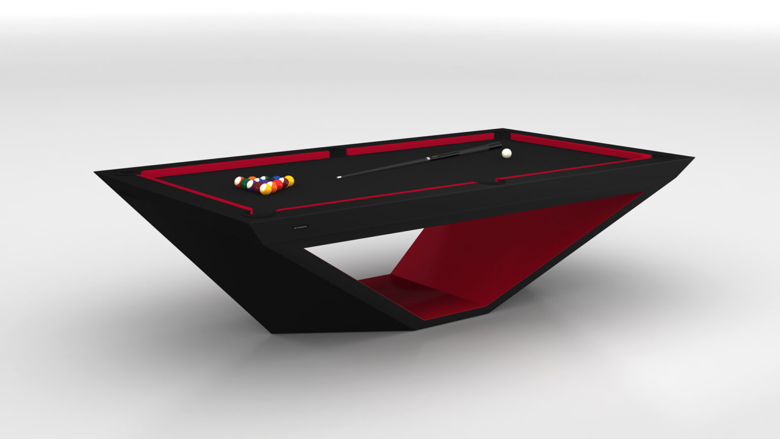The Stealth Pool Table, featuring a striking black exterior and red interior atop its angular base, embodies luxury and elegance. Its design is enhanced by vibrant balls with a cue stick and white cue ball gracing the sleek black surface.