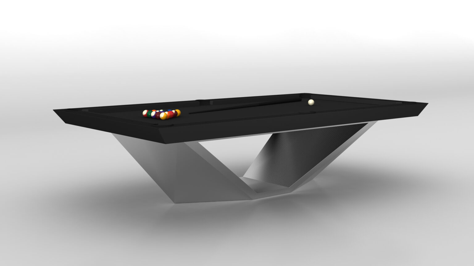 The Stealth Pool Table boasts a luxury design with a sleek V-shaped base. Its black surface displays a set of pool balls, all against a plain white background that accentuates its modern elegance, making it the epitome of stylish game tables.