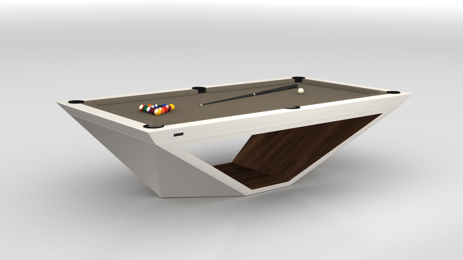 The Stealth Pool Table, with its sleek geometric design, epitomizes luxury. It features a white frame, wooden interior accents, and a grey felt surface where a set of colorful billiard balls and cue stick await your game.