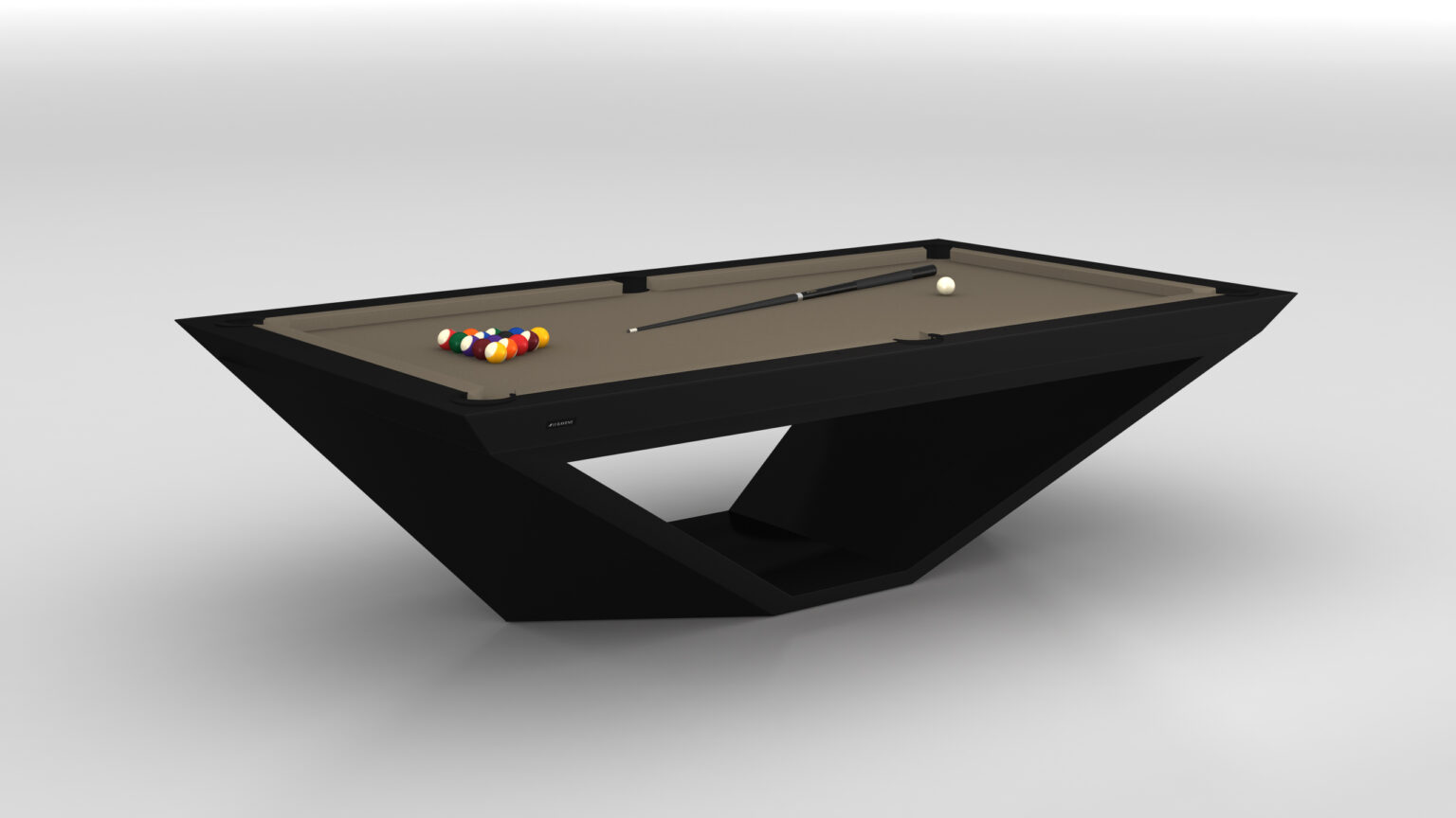 The Stealth Pool Table showcases a modern luxury look with its sleek, geometric design, featuring a black body and taupe playing surface. A cue stick rests beside the racked billiard balls, all set against a neutral gray background.