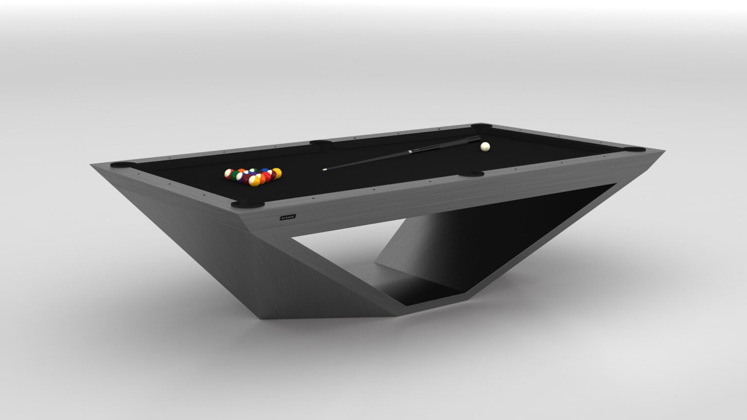 The Stealth Pool Table is a sleek luxury game table with a minimalist design on a gray background, featuring colorful billiard balls racked at one end and a cue stick with a cue ball on the black felt surface. It boasts an angled, asymmetric base that exudes sophistication.