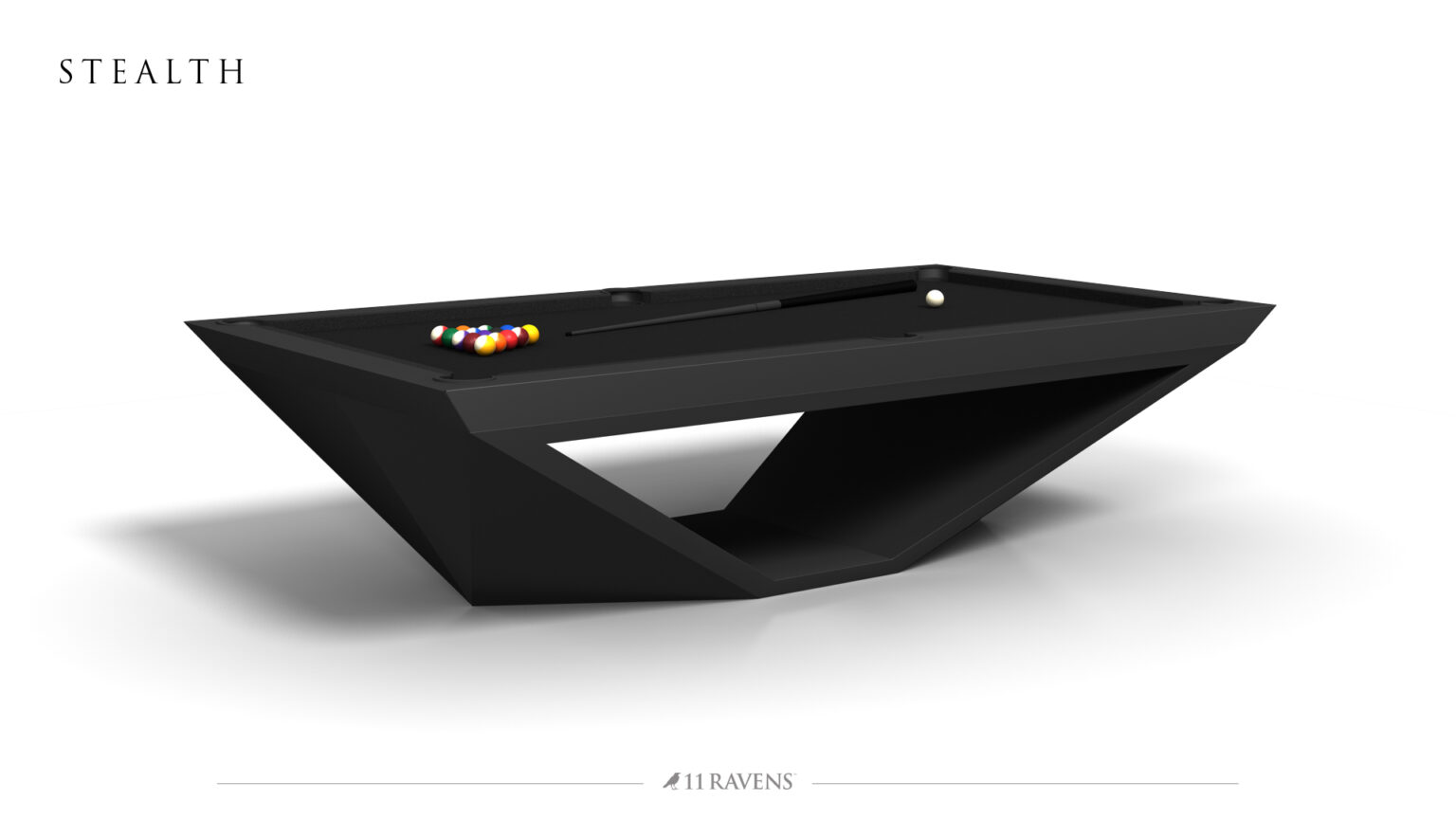 The Stealth Pool Table, a luxurious, modern black table with a geometric base design, displays billiard balls on its surface against a white backdrop. The text STEALTH is at the top left and 11 RAVENS is centered at the bottom.