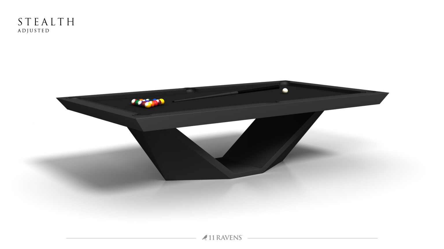 The sleek, modern Stealth Pool Table by 11 Ravens epitomizes luxury with its unique angular base. Stealth Adjusted is visible, enhancing its exclusivity. A set of billiard balls and a cue stick are placed on the table, completing the elegant scene.