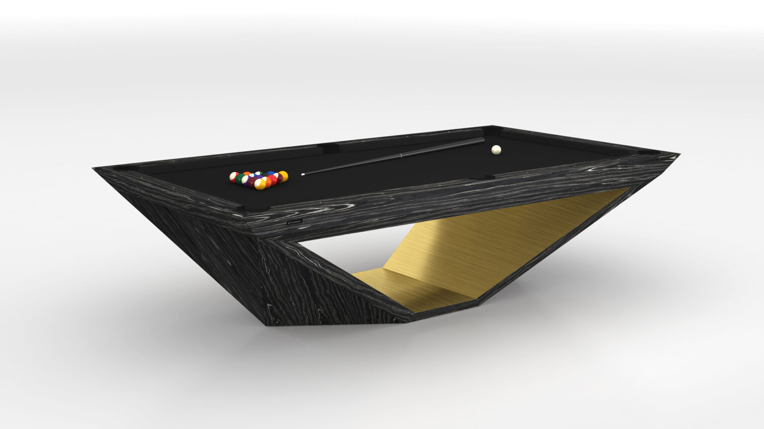 The Stealth Pool Table is a modern luxury game table with a unique design, featuring a geometric black frame with gold accents, colorful balls, and a cue stick on its surface, all set against a white background.
